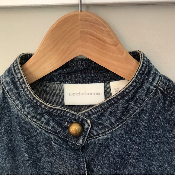 LIZ CLAIBORNE | Jean Jacket Blazer w/ Brass Buttons & Mandarin Collar Size L - Picture 5 of 15